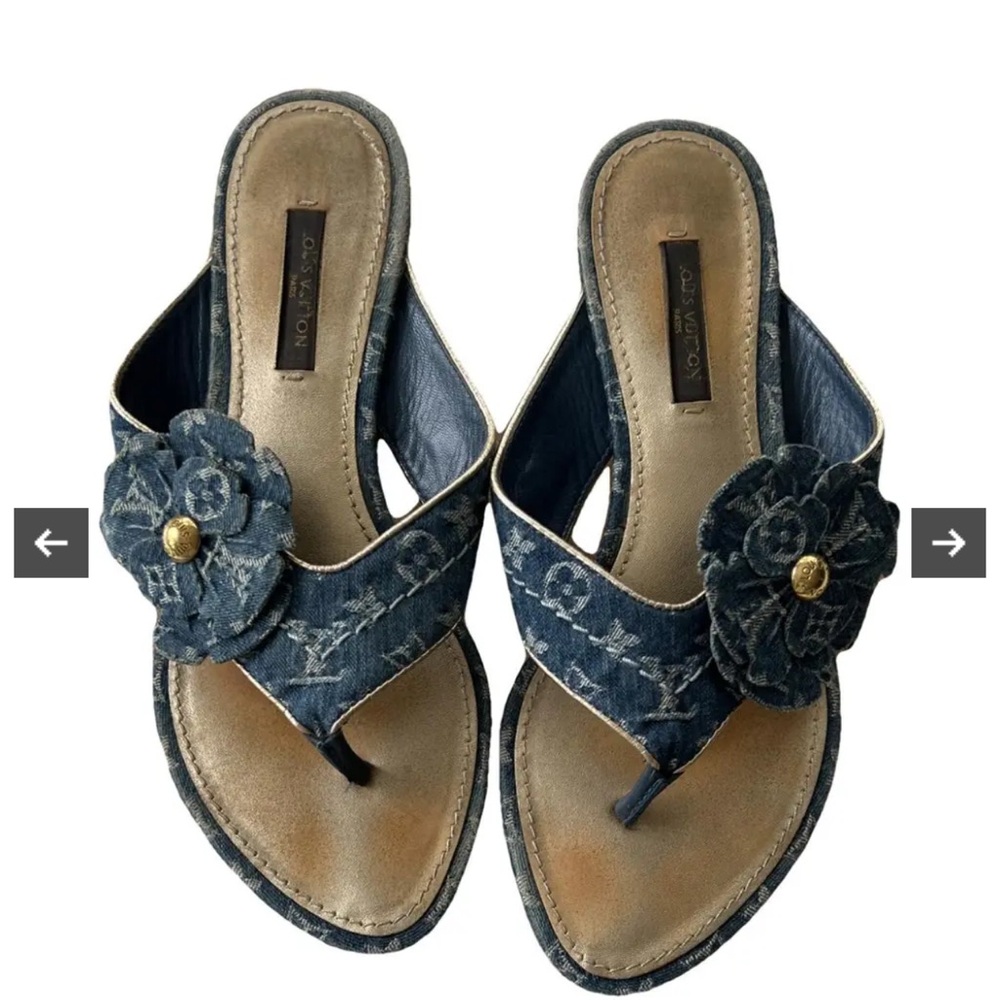 LOUIS VUITTON Blue Denim LV Monogram 'Freesia' Thong Sandals 7.5 37.5